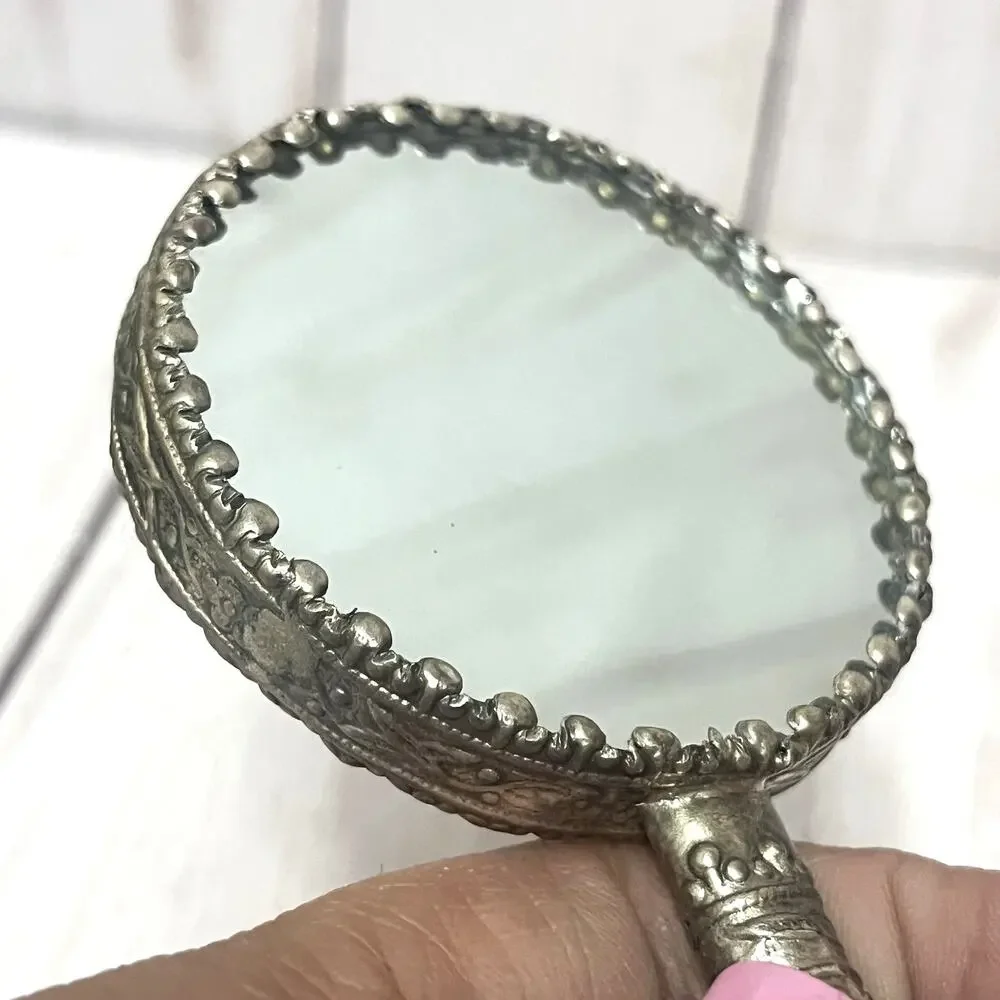 Vintage Asian Vanity Mirror Geisha Enamel Green Handle Cloisonné Style